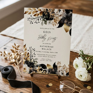 Convite Aniversário de 60 anos Floral Dourado Preto Aquare