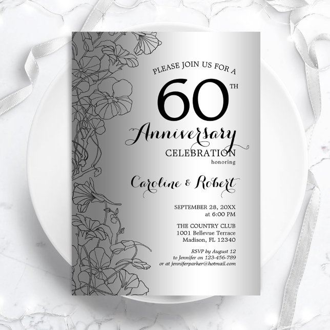 Convite Aniversário de 60 anos Floral Prata Diamante (Criador carregado)