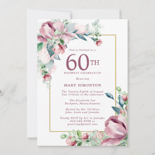 Convite Aniversário de 60 anos Floral Rosa Exquisita