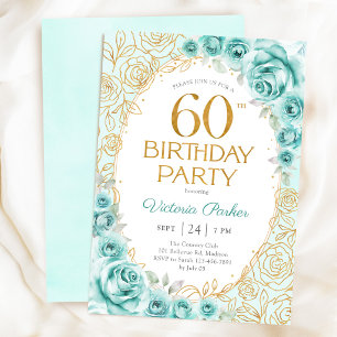 Convite Aniversário de 60 anos Floral Turquesa Dourado