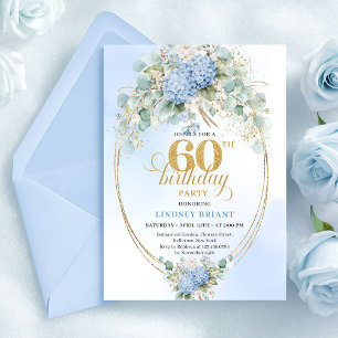 Convite Aniversário de 60 anos Glam Rustic Flores Azuis Su