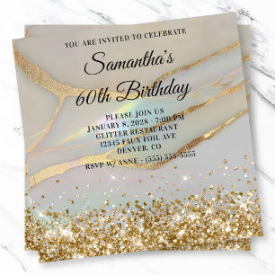 Convite Aniversário de 60 anos Glittery Gold Marbled Opal