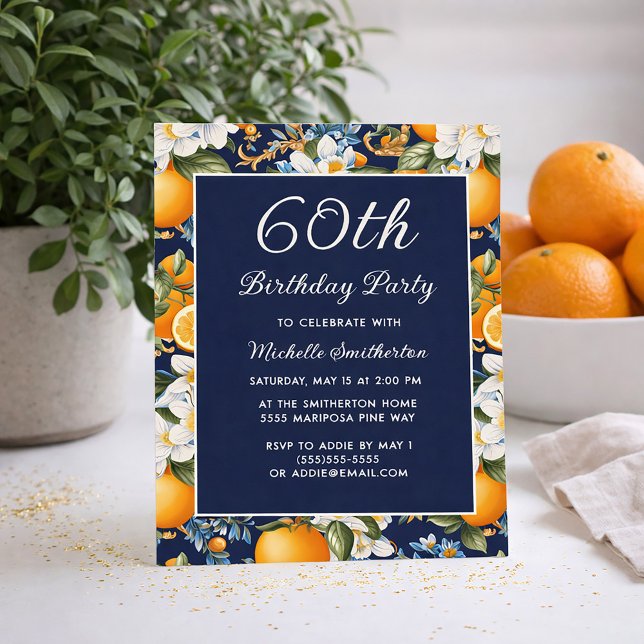 Convite Aniversário de 60 anos Laranja Flores Brancas Azul (Oranges on navy blue 60th birthday invitation)