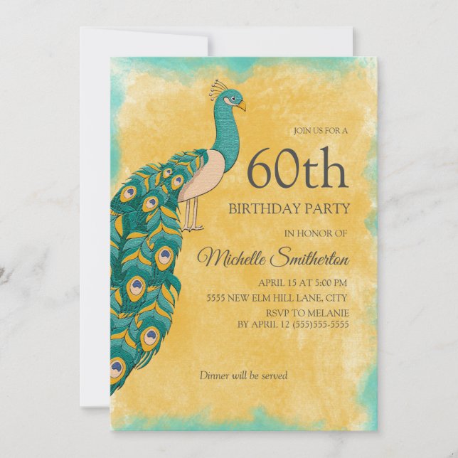 Convite Aniversário de 60 anos Pavão Aquarela Azul-Verde A (Frente)