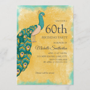 Convite Aniversário de 60 anos Pavão Aquarela Azul-Verde A