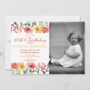 Convite Aniversário de 60 anos Poppy Primavera Floral Foto