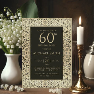 Convite Aniversário de 60 anos Preto Dourado Flores Elegan