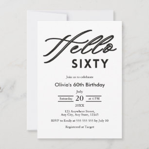Convite Aniversário de 60 anos Preto e Branco Hello Sixty