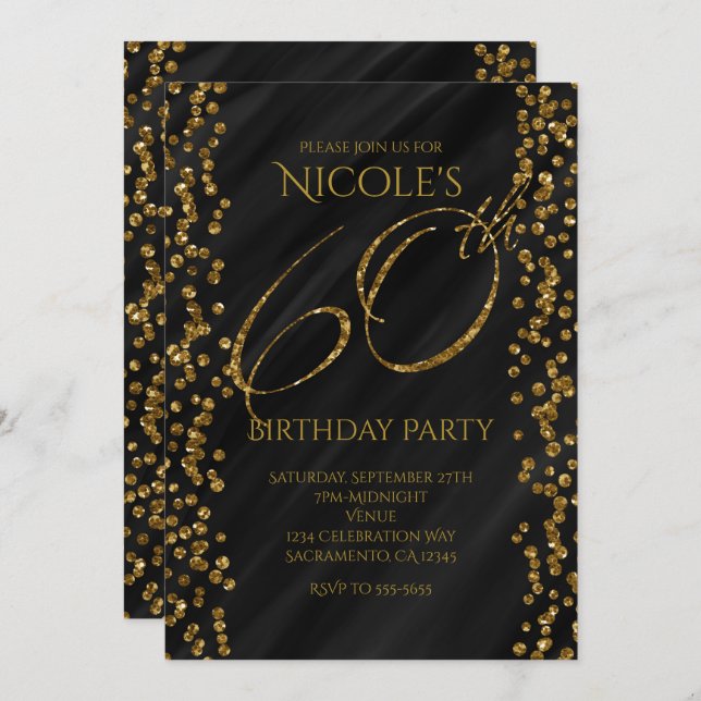 Convite Aniversário de 60 anos Preto e Dourado Glitter Gla (Frente/Verso)