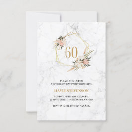 Convite Aniversário de 60 anos Rosa Floral Mármore Branco 