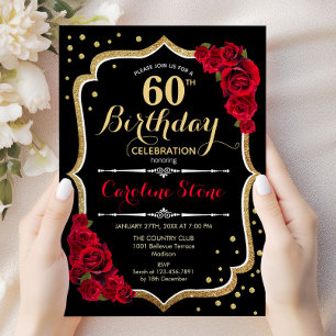 Convite Aniversário de 60 anos - Rosas Pretas Douradas