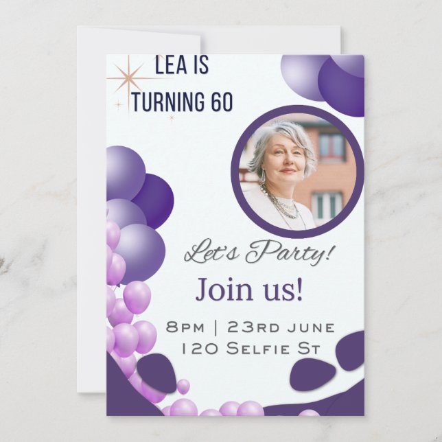 Convite Aniversário de 60 anos Roxo (Frente)