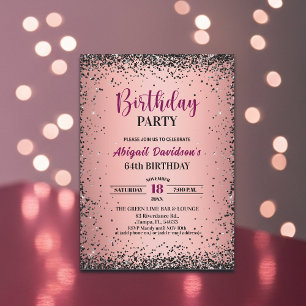 Convite Aniversário de 64 anos Preto Glitter Metálico Rosa