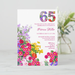 Convite Aniversário de 65 anos Colorido Floral Festa no Ja