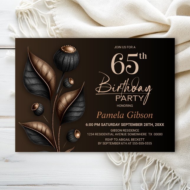 Convite Aniversário de 65 anos com Eucalipto Preto e Cobre (Criador carregado)