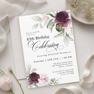 Convite Aniversário de 65 anos Elegante Floral Burgundy Be
