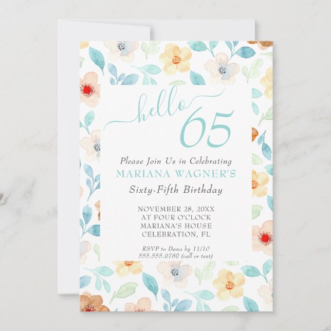 Convite Aniversário de 65 anos em Script Elegante Floral A (Frente)