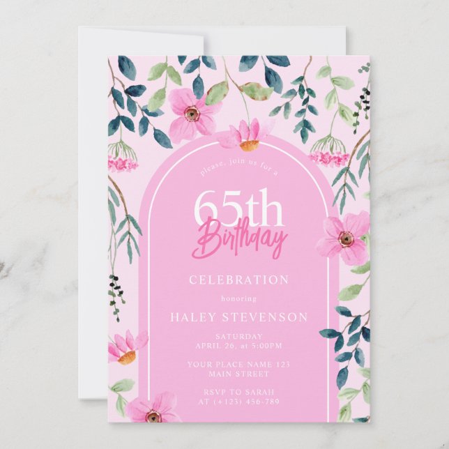 Convite Aniversário de 65 anos Floral Rosa Elegante Femini (Frente)