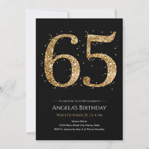 Convite Aniversário de 65 anos Glitter dourado preto