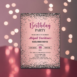 Convite Aniversário de 65 anos Preto Glitter Metálico Rosa