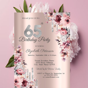 Convite Aniversário de 65 anos Rosa Dourado Floral com Got