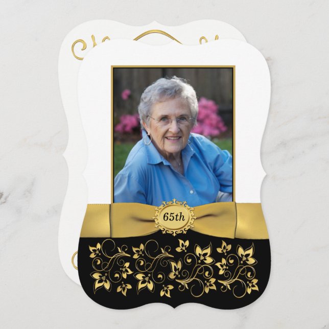 Convite Aniversário de 65 Foto, Preto, Branco, Dourado Con (Frente/Verso)