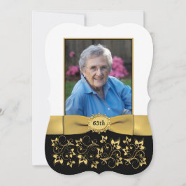 Convite Aniversário de 65 Foto, Preto, Branco, Dourado Con