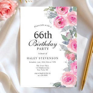 Convite Aniversário de 66 anos Floral Chic Rosa Feminino e