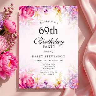 Convite Aniversário de 69 anos Chic Floral Pastel Girly Aq