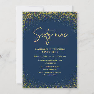 Convite Aniversário de 69 anos Elegante Glam Navy Dourado