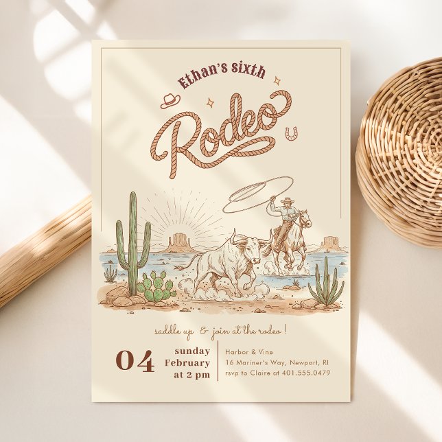 Convite Aniversário de 6 anos Cowboy Rodeo Gingham Rústico (Criador carregado)