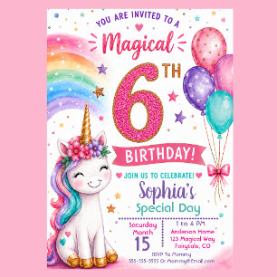 Convite Aniversário de 6 anos da Menina Unicórnio Mágica