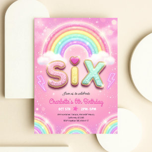 Convite Aniversário de 6 anos Pastel Pink Rainbow Sparkle