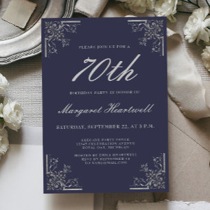 Convite Aniversário de 70 anos Azul Marinho Vintage Prata