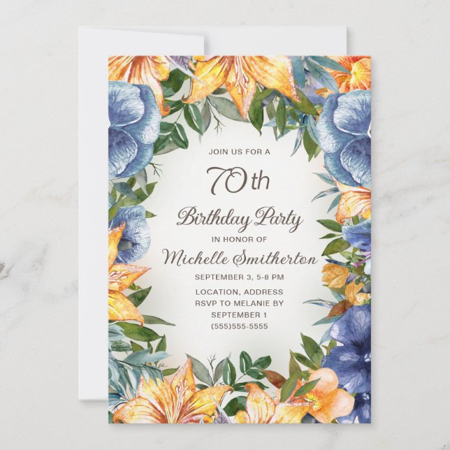 Convite Aniversário de 70 anos Blue Orange Floral (Frente)
