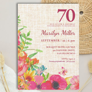 Convite Aniversário de 70 anos Bold Floral Linen Celebraçã