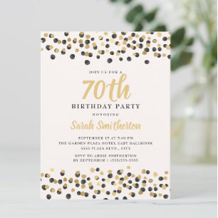 Convite Aniversário de 70 anos Branco Preto Dourado Confet