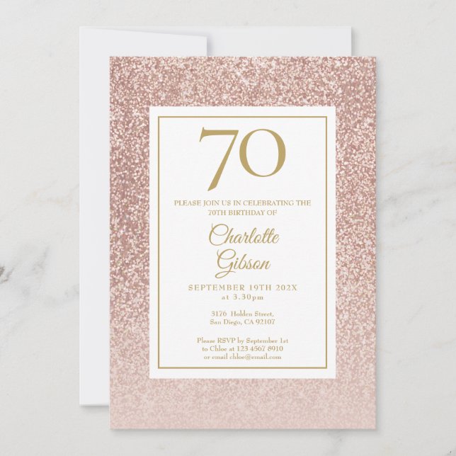 Convite Aniversário de 70 anos Brilho Dourado Rosa Elegant (Frente)