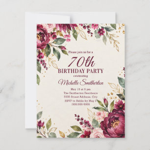 Convite Aniversário de 70 anos Burgundy Elegante com Flore