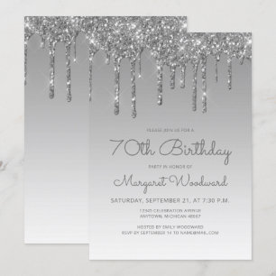 Convite Aniversário de 70 anos Chic Glitter Drip Prata
