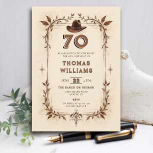 Convite Aniversário de 70 anos Cowboy Vintage Rustic Weste