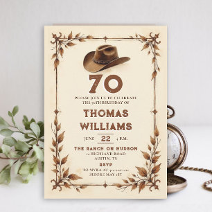 Convite Aniversário de 70 anos Cowboy Western Rústico Vint