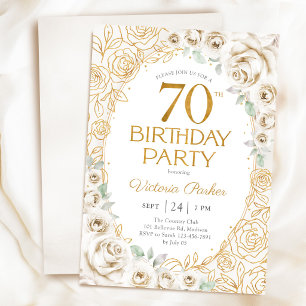 Convite Aniversário de 70 anos Creme Dourado Floral Femini