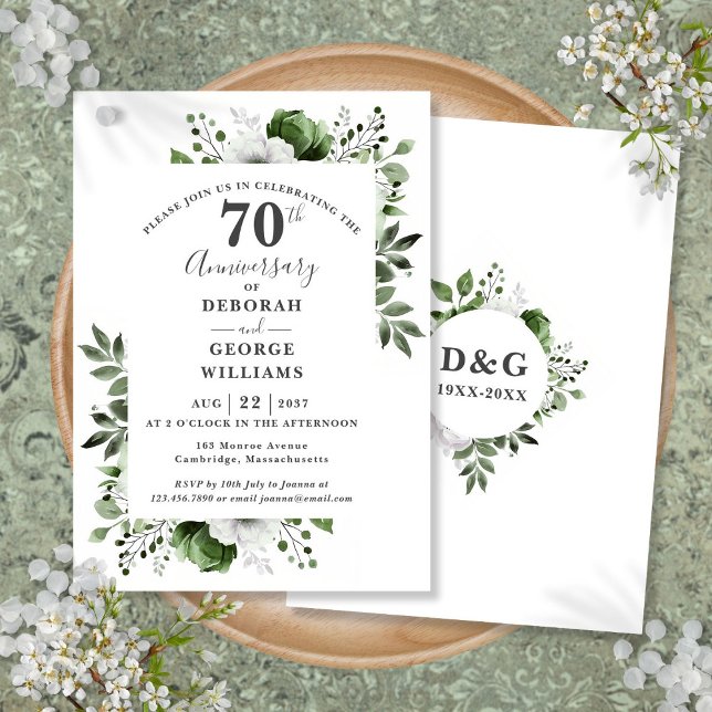 Convite Aniversário de 70 anos de casamento Platinum Green (Platinum Greenery 70th Wedding Anniversary Invitation)