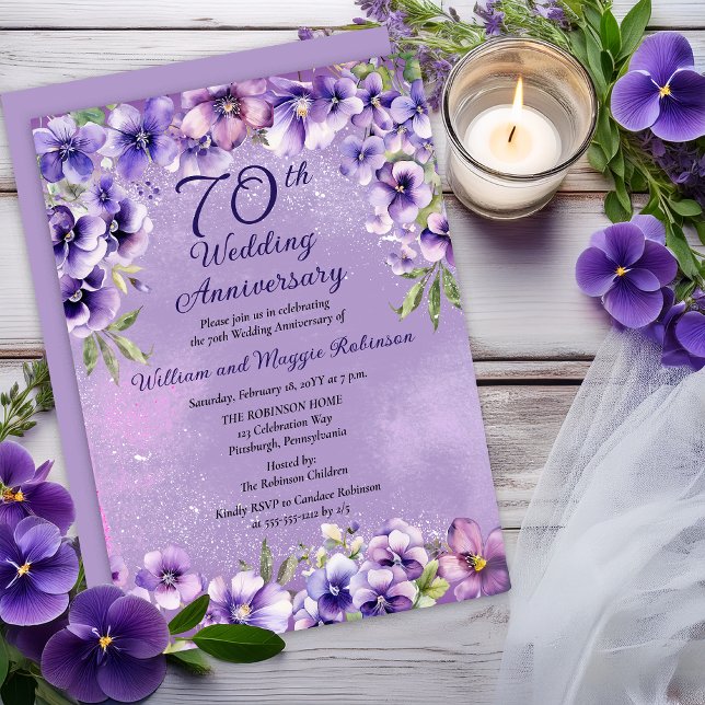 Convite Aniversário de 70 anos de casamento - Violetas Rox (Elegant Purple Violets 70th Wedding Anniversary Invitation -- Print | Digital Download)