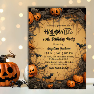 Convite Aniversário de 70 anos de Halloween Abóbora Vintag