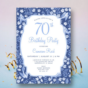 Convite Aniversário de 70 anos Elegante Floral Azul Femini