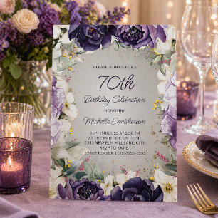 Convite Aniversário de 70 anos Elegante Glitter Floral Rox
