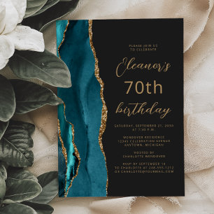 Convite Aniversário de 70 anos em Azul Verde Dourado Ágata