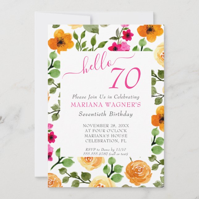 Convite Aniversário de 70 anos em Script Elegante Floral L (Frente)